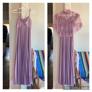 Vintage 1970's Purple Accordion Pleated Strappy Maxi Dress with Shoulder Cape